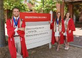 Sean & Lainey & Lizzy with Engineering I building sign : 2018, Graduation Pictures, Lainey Indermaur, Lizzie Weaver, NC State, NCSU, Sean Engles
