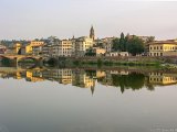 View Over the Arno River  Ponte alla Carraia from North bank of the Arno river with Basilica di Santo Spirito steeple in background.  Florence Italy : 2004, Florence, Italy