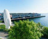 Echo  Echo, 2011 Jaume Plensa modeled Echo on the 9 year old daughter of a restaurant owner near the artist’s studio in Barcelona. The sculpture’s title references Echo, the mountain nymph from Greek mythology, who offended the goddess Hera. To punish Echo, Hera deprived the nymph of speech, except for the ability to repeat the last words of another. In this monumental sculpture, over 46 feet tall, Echo listens with her eyes closed or in a state of meditation. She faces Puget Sound in the direction of Mount Olympus, visible from land and water. : 2018, Olympic Sculpture Park, Seattle