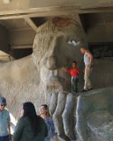 ILCE-6500-20180512-DSC01917  Freemont statues The Freemont Troll (The Troll Uner The Bridge) Built in 1989, conceived as a way to revitalize the area under the Aurora Bridge, which had fallen derelict to the use of drug dealers. The street right in front of was renamed Troll Avenue in 2005. Depicts a large troll holding tightly onto a real Volkswagen Beetle.  Designed by four local artists. : 2018, Freemont, Seattle, The Freemont Troll, The Troll Under The Bridge